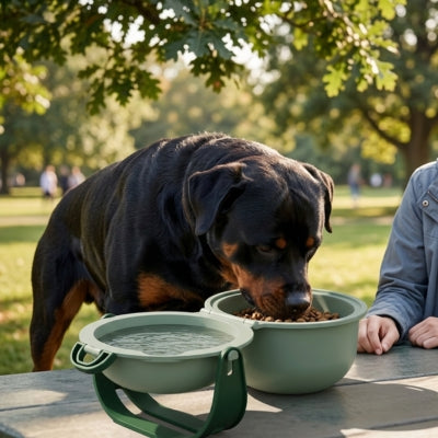 Chien Rottweiler mangeant ses croquettes dans les gamelles chien vert sauge sur une table.