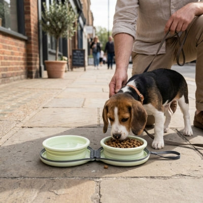 Jeune Beagle en laisse mangeant dans des gamelles chien vertes posées sur le trottoir.