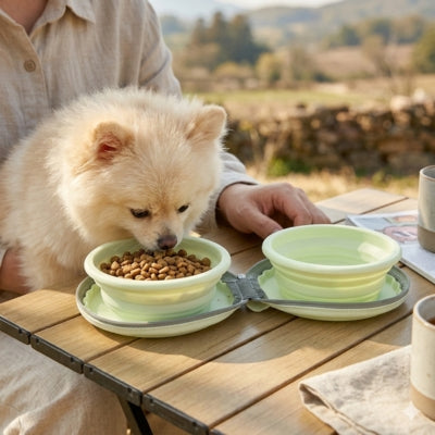 Spitz poméranien à table devant ses gamelles chien pliables de couleur vert pastel.