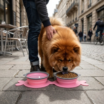 Chow-chow roux mangeant dans des gamelles chien roses sur un trottoir pavé en ville.