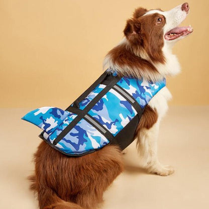 Vue de profil d'un Border Collie assis avec un gilet de sauvetage pour chien bleu requin.