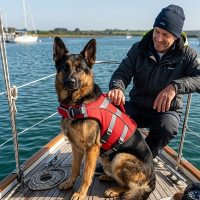 Berger Allemand avec gilet de sauvetage chiens rouge sur le pont d'un bateau.