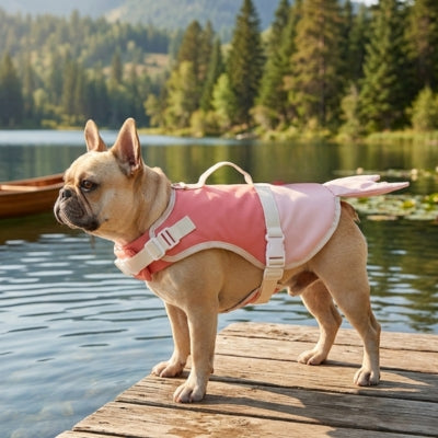 Bouledogue français portant un gilet de sauvetage chiens rose sur un ponton en bois face à un lac.