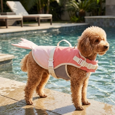 Caniche abricot avec un gilet de sauvetage chiens rose en forme de sirène au bord d'une piscine.