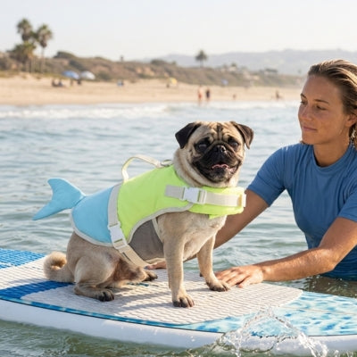 Chien Carlin sur un paddle avec un gilet de sauvetage chiens jaune fluo et bleu à la mer.