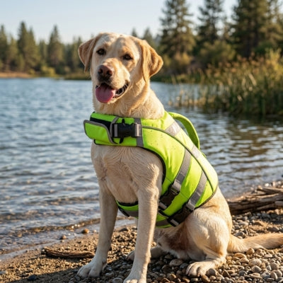 Labrador en gilet de sauvetage chiens jaune fluo sur une plage de galets au bord de l'eau.