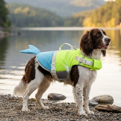 Springer Spaniel avec un gilet de sauvetage chiens bicolore sur une plage de galets au bord d'un lac.