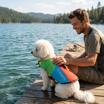 Bichon frisé en gilet de sauvetage pour chien tricolore assis sur un ponton de bois face au lac.