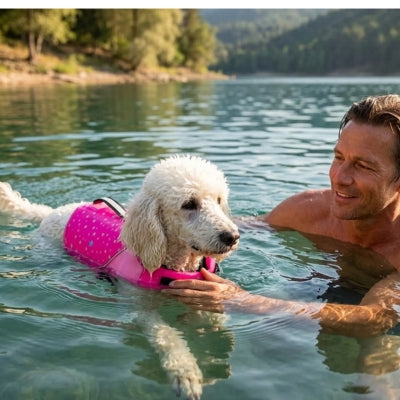 Caniche Royal blanc nageant avec un homme et un gilet de sauvetage pour chien rose.