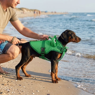 Chiot Dobermann tenu par la poignée de son gilet de sauvetage pour chien sur une plage.