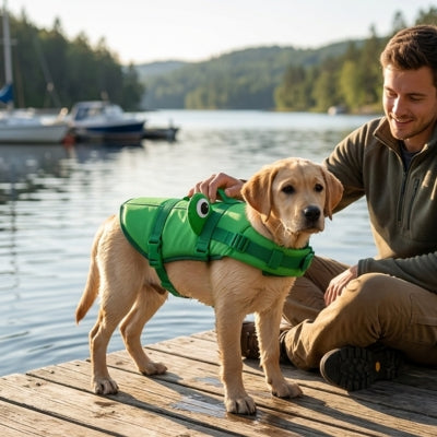 Jeune Labrador sur un ponton en bois portant un gilet de sauvetage pour chien vert.