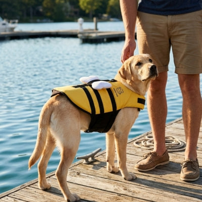 Labrador debout sur un ponton portant un gilet de sauvetage pour chien rayé jaune.