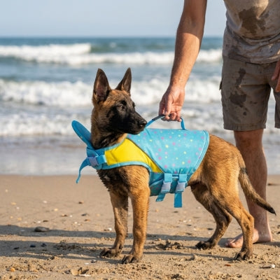 Berger Malinois sur une plage portant un gilet de sauvetage pour chien bleu à motif étoiles.