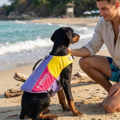 Chien de type Pinscher portant un gilet de sauvetage pour chien X-SPORTS sur une plage de sable.