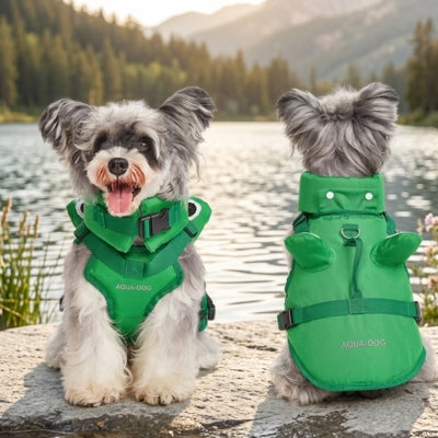 Schnauzer de face et dos avec un gilet de sauvetage pour chien vert marqué AQUA-DOG.