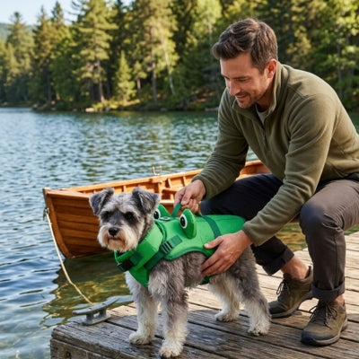 Homme ajustant le gilet de sauvetage pour chien d'un Schnauzer sur un quai au bord d'un lac.
