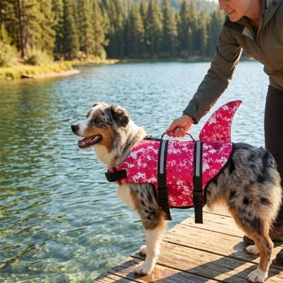 Berger Australien avec un gilet de sauvetage chiens rose sur un ponton en bois face à la forêt.