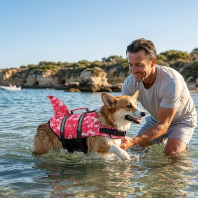 Un Corgi en gilet de sauvetage chiens rose à aileron s'amusant dans l'eau avec son maître.
