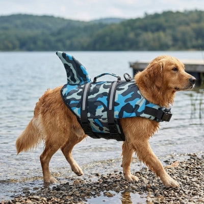 Golden Retriever marchant dans l'eau avec un gilet de sauvetage chiens camouflage bleu.