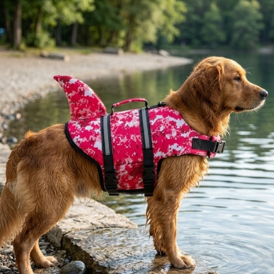 Golden Retriever de profil portant un gilet de sauvetage chiens rose sur une rive rocheuse.