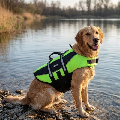 Golden Retriever assis en bord de rive avec son gilet de sauvetage chiens vert vif.