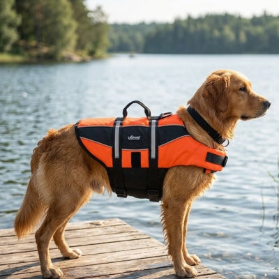 Golden Retriever de profil sur un ponton, portant un gilet de sauvetage chiens orange.
