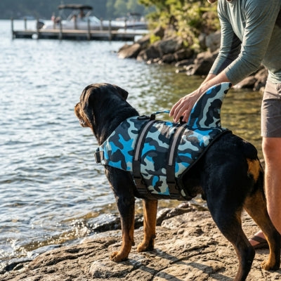Rottweiler de dos portant un gilet de sauvetage chiens camouflage bleu au bord d'un lac.
