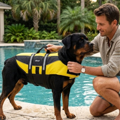 Rottweiler portant un gilet de sauvetage chiens jaune et noir devant une piscine.