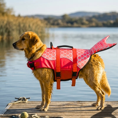 Chien Golden Retriever debout sur un ponton portant un gilet de sauvetage chiens rouge à écailles.