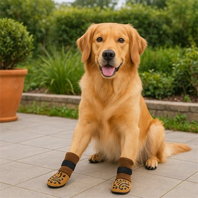 Golden Retriever assis sur une terrasse portant des chaussettes pour chien avec sangles.