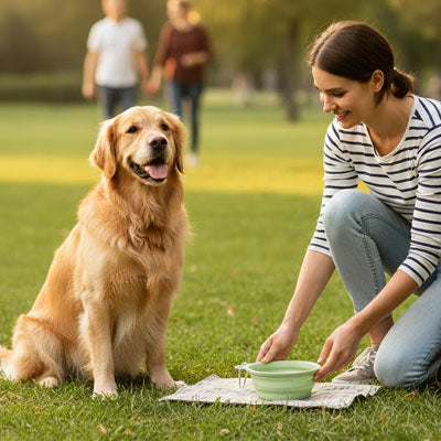 Femme posant une gamelle pour chien verte sur un tapis devant un Golden Retriever assis.