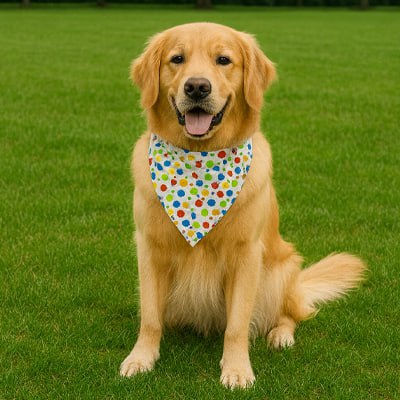 Golden Retriever assis sur l'herbe portant un bandana chien blanc à pois multicolores.