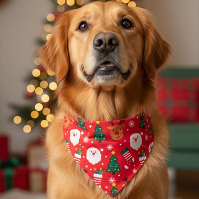 Golden Retriever avec un bandana pour chien rouge à motifs Père Noël et sapins.