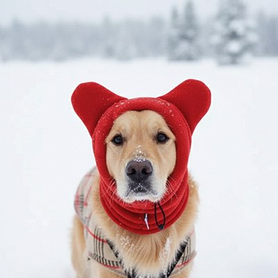 Golden Retriever portant un bonnet pour chien rouge à oreilles dans un paysage de neige.