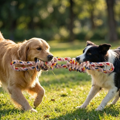 Golden Retriever et Border Collie jouant ensemble avec un jouet pour chiens dans l'herbe.