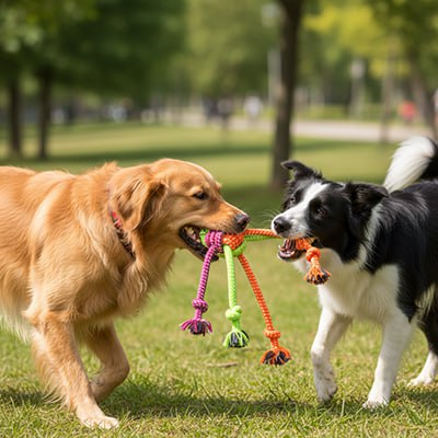 Golden Retriever et Border Collie tirant ensemble sur un jouet pour chiens dans l'herbe.