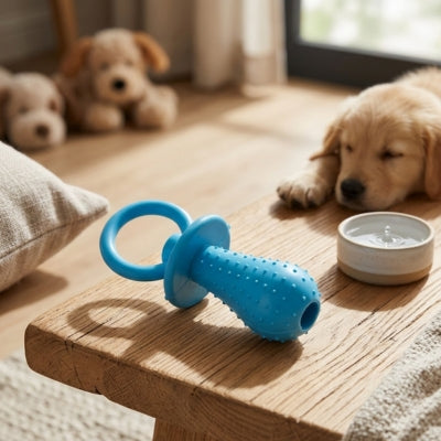 Jouet kong chien bleu sur une table en bois avec un chiot Golden Retriever endormi au second plan.