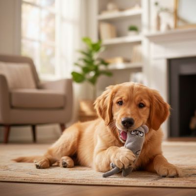 Chiot Golden Retriever couché sur un tapis avec son jouet pour chien en peluche grise.