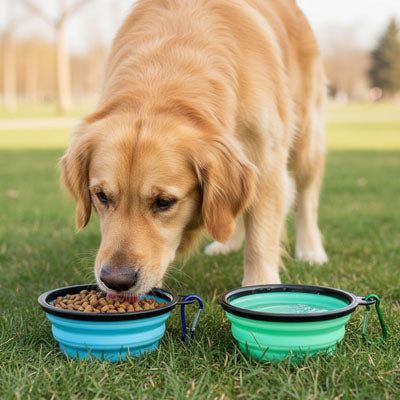 Golden Retriever mangeant dans une gamelle chien bleue à côté d'une gamelle verte.