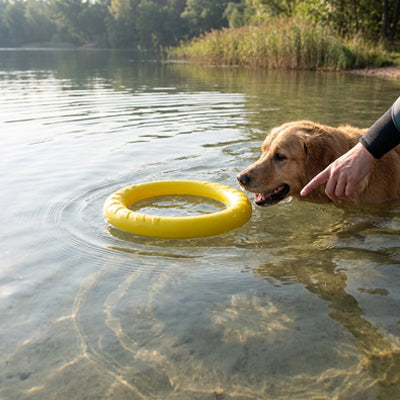Golden Retriever dans l'eau regardant un jouet chien anneau jaune flottant.