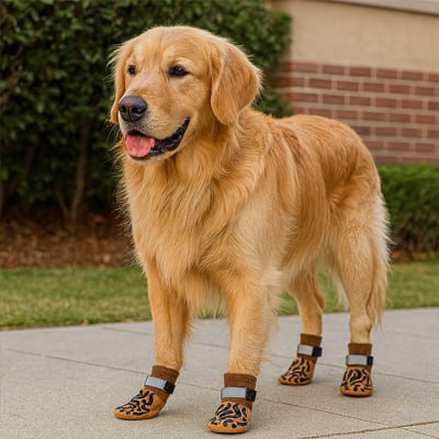 Golden Retriever debout sur un trottoir portant des chaussettes pour chien à motifs.