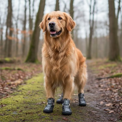 Golden Retriever debout dans une forêt sur un chemin de mousse portant des chaussures pour chien.