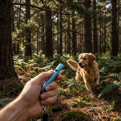 Golden Retriever en forêt de pins avec fougères face à une main et un sifflet à ultrason pour chien bleu.