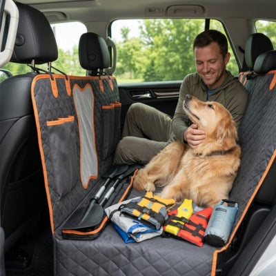 Golden Retriever et homme avec gilets de sauvetage sur tapis chien voiture protection.
