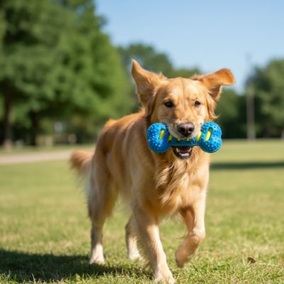 Golden Retriever courant joyeusement dans un parc avec un jouet chien kong bleu.