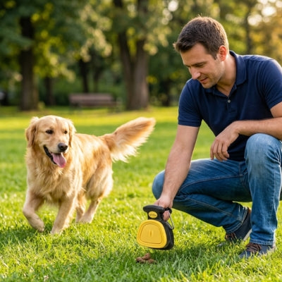 Homme accroupi avec un Golden Retriever utilisant un ramasse crotte chien jaune.