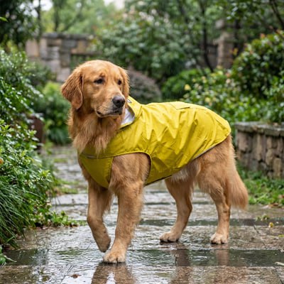 Golden Retriever debout sous la pluie avec un imperméable pour chien jaune.