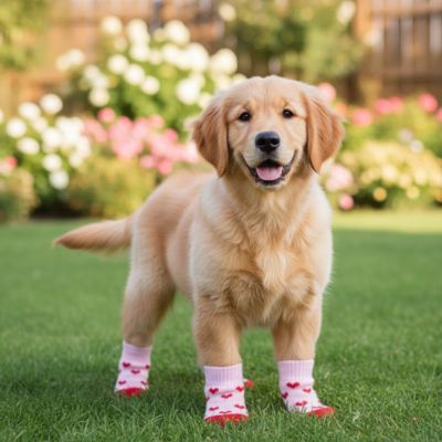 Golden Retriever debout dans un jardin vert avec des chaussettes pour chien roses à motifs cœurs.