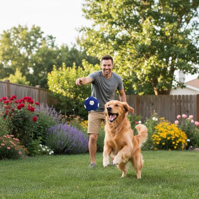 Golden Retriever courant dans un jardin fleuri vers une balle chien lancée.