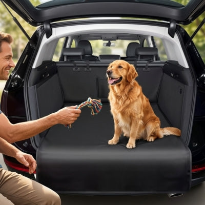 Homme jouant avec une corde et un Golden Retriever sur un tapis chien voiture protection.